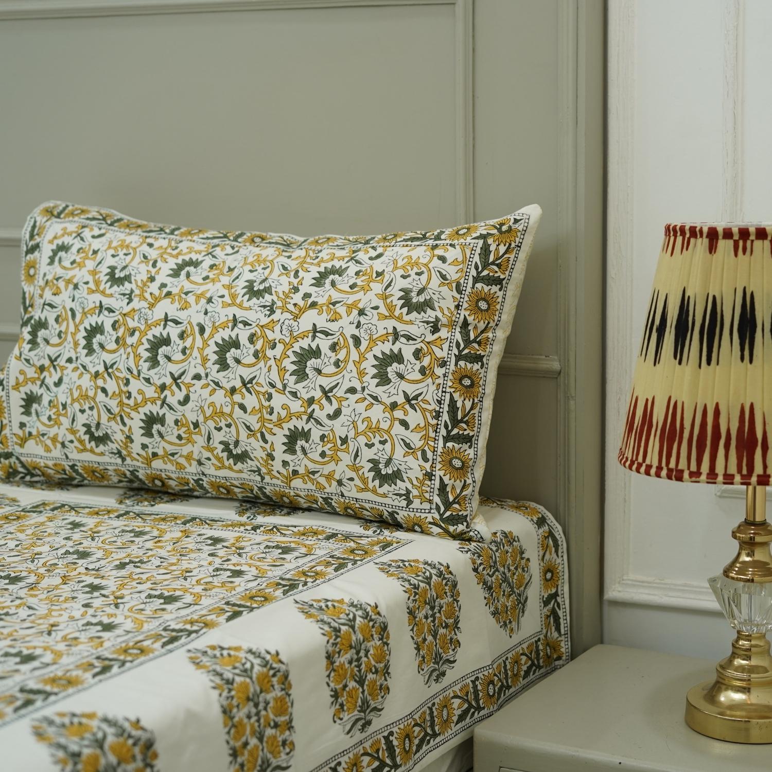 Floral block print bedcover and pillow cover, handmade indian art, bohemian decor for rooms, home decor, natural cotton fabric bedsheet with pillow cover.