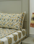 Floral block print bedcover and pillow cover, handmade indian art, bohemian decor for rooms, home decor, natural cotton fabric bedsheet with pillow cover.