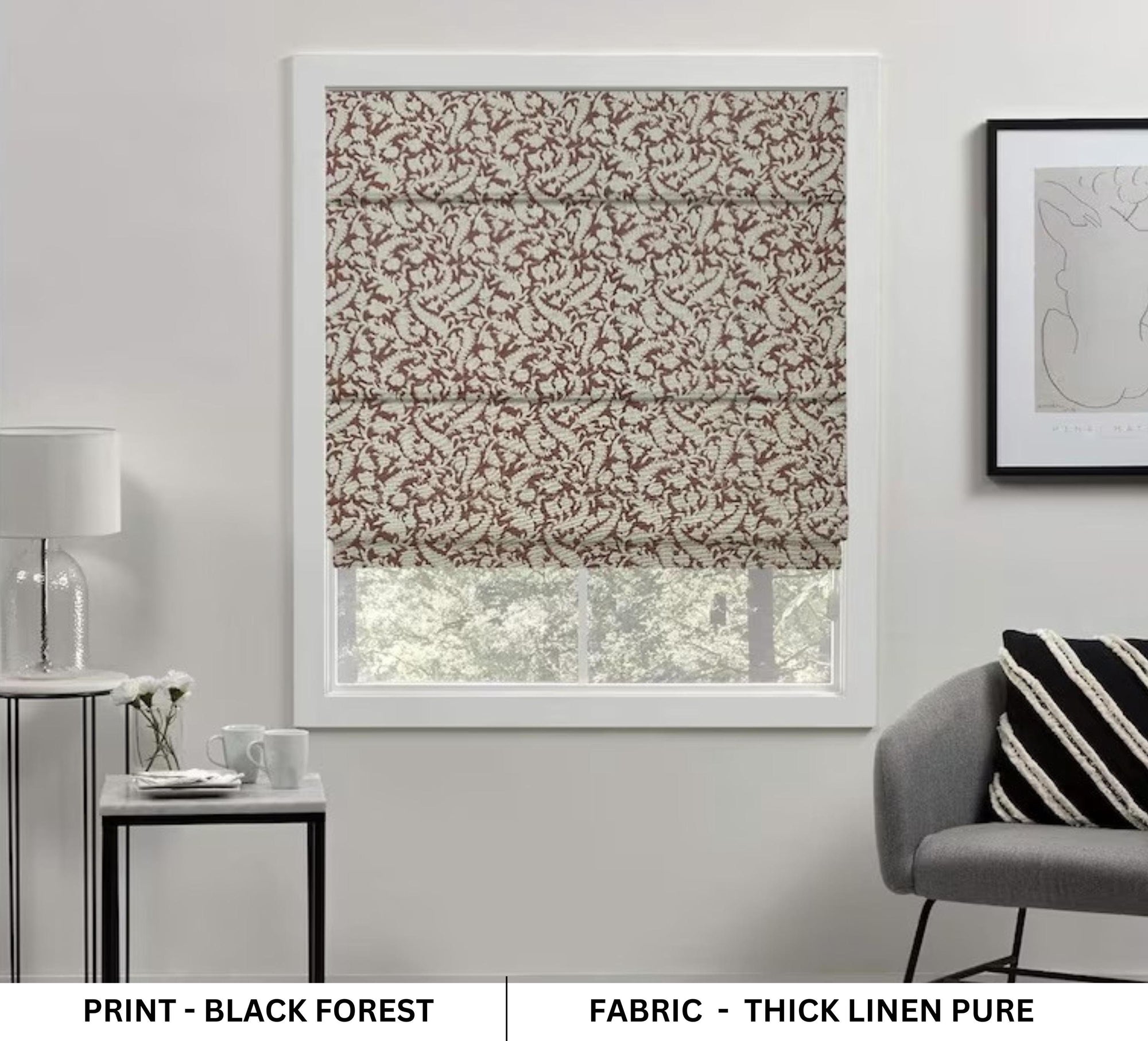 Floral Block Printed Thick Linen Roman Shade Blackout Window Blinds Decorative - Black Forest