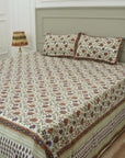 Experience timeless elegance with our handmade cotton bedsheet and pillow cover set, featuring intricate hand block printed floral motifs. Crafted by artisans, this soft cotton linen brings bohemian charm and warmth to any farmhouse or modern bedroom.