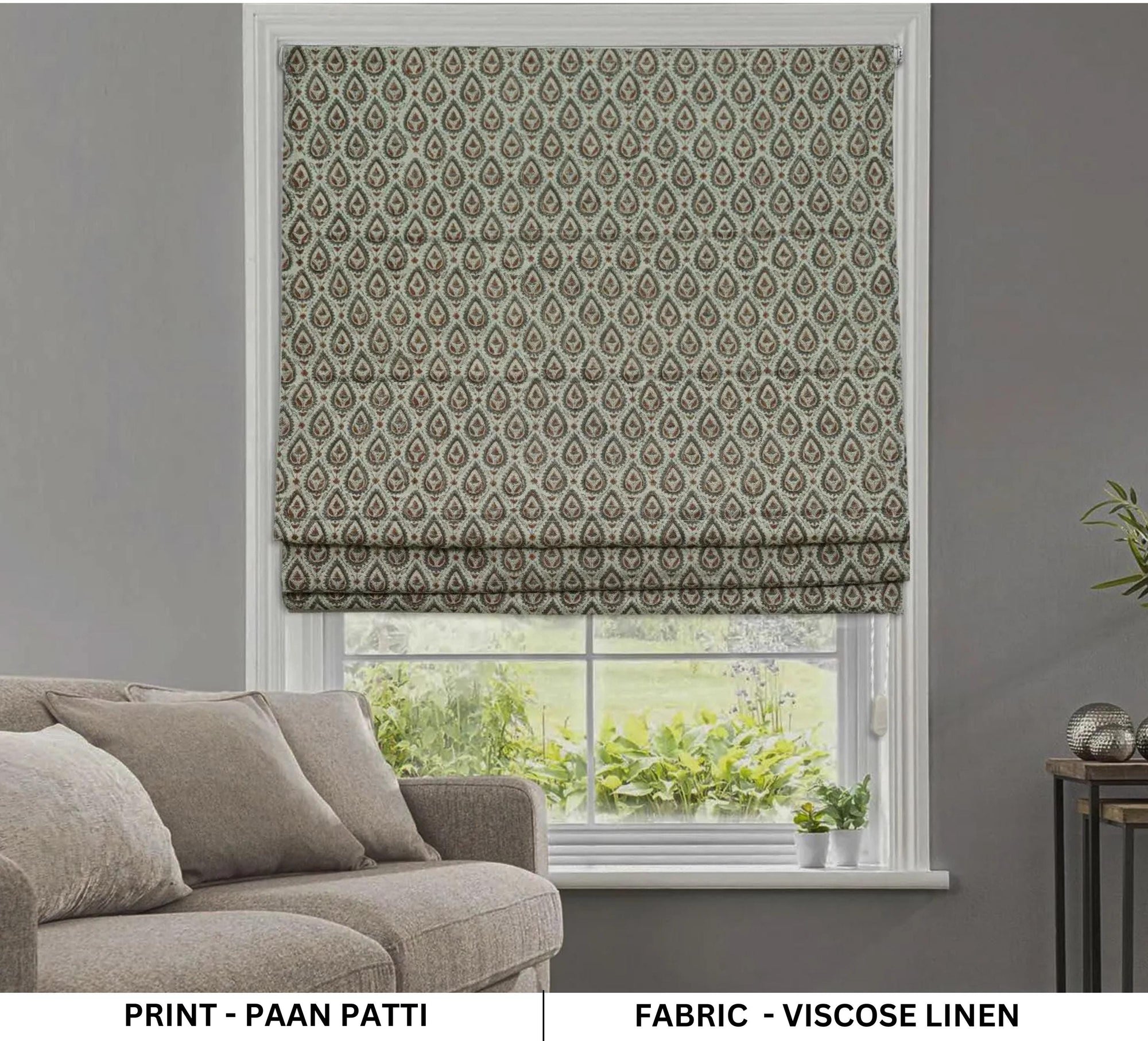 Handblock Printed Boho Roman Valance in Viscose Linen Brown Floral Window Decor - Paan Pati