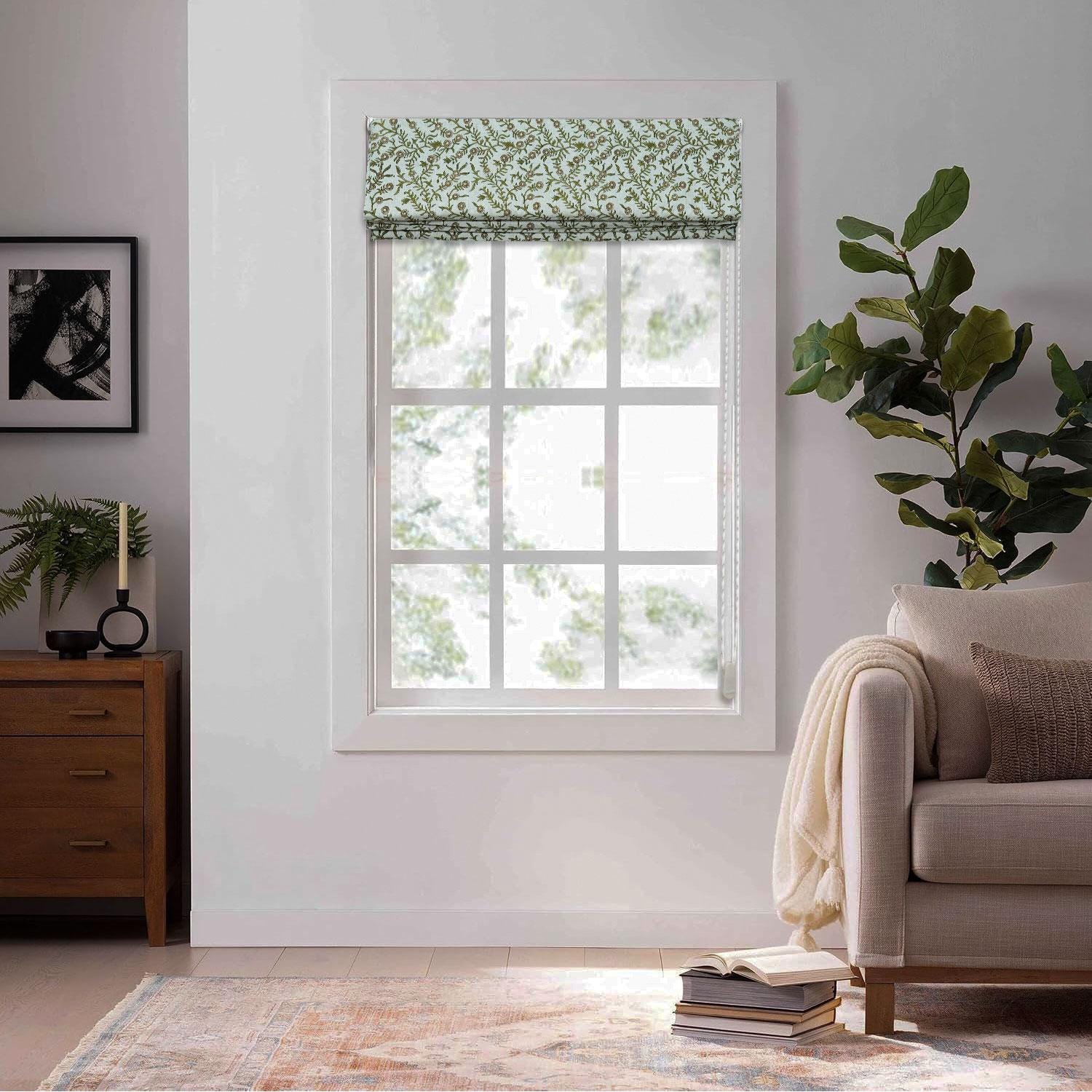 Handblock Printed Boho Gray Floral Roman Shade in Viscose Linen for Living Room – Sehjan Design
