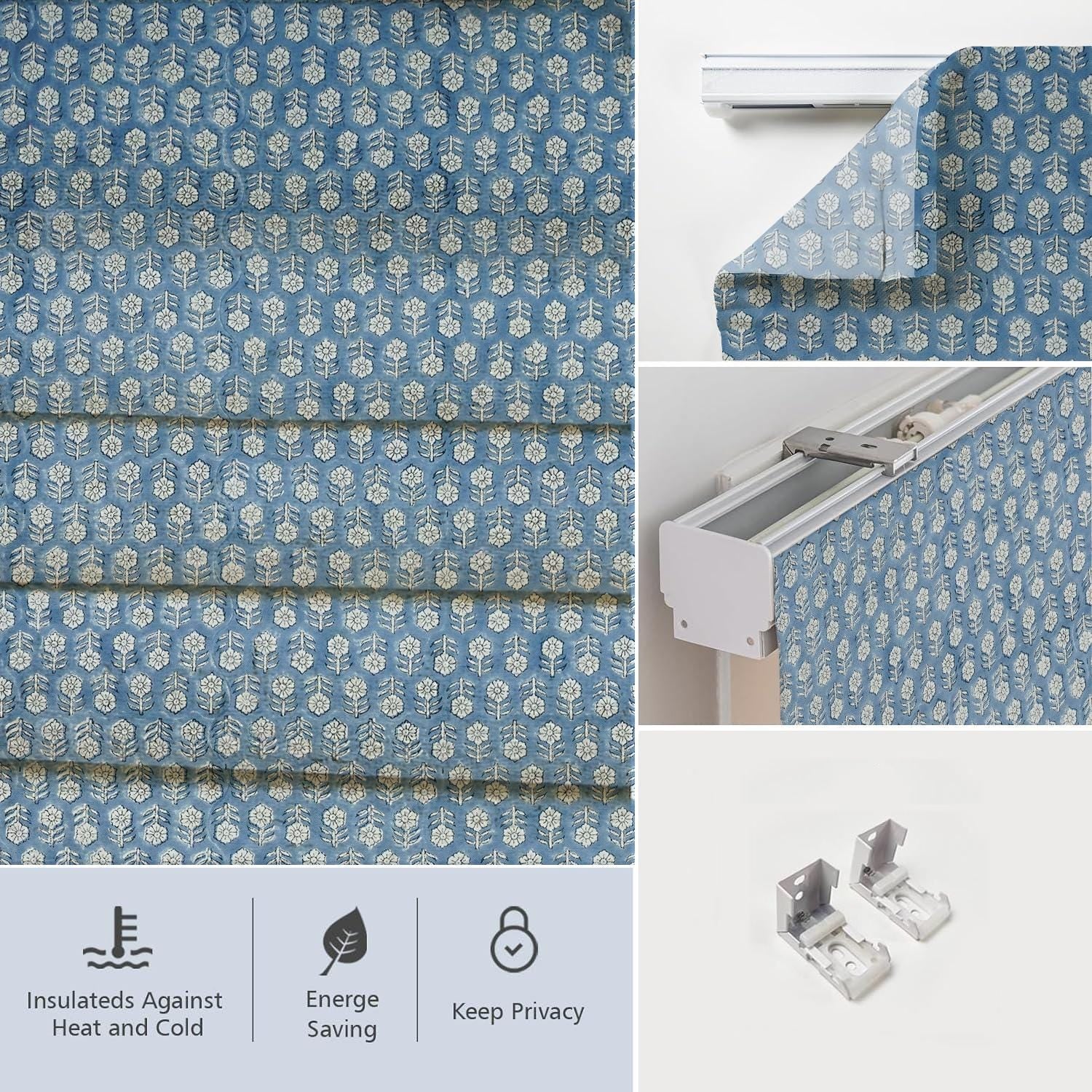 Handmade Gray Floral Block Printed Roman Shade in Thick Linen Blackout Window - Tulsi Buti