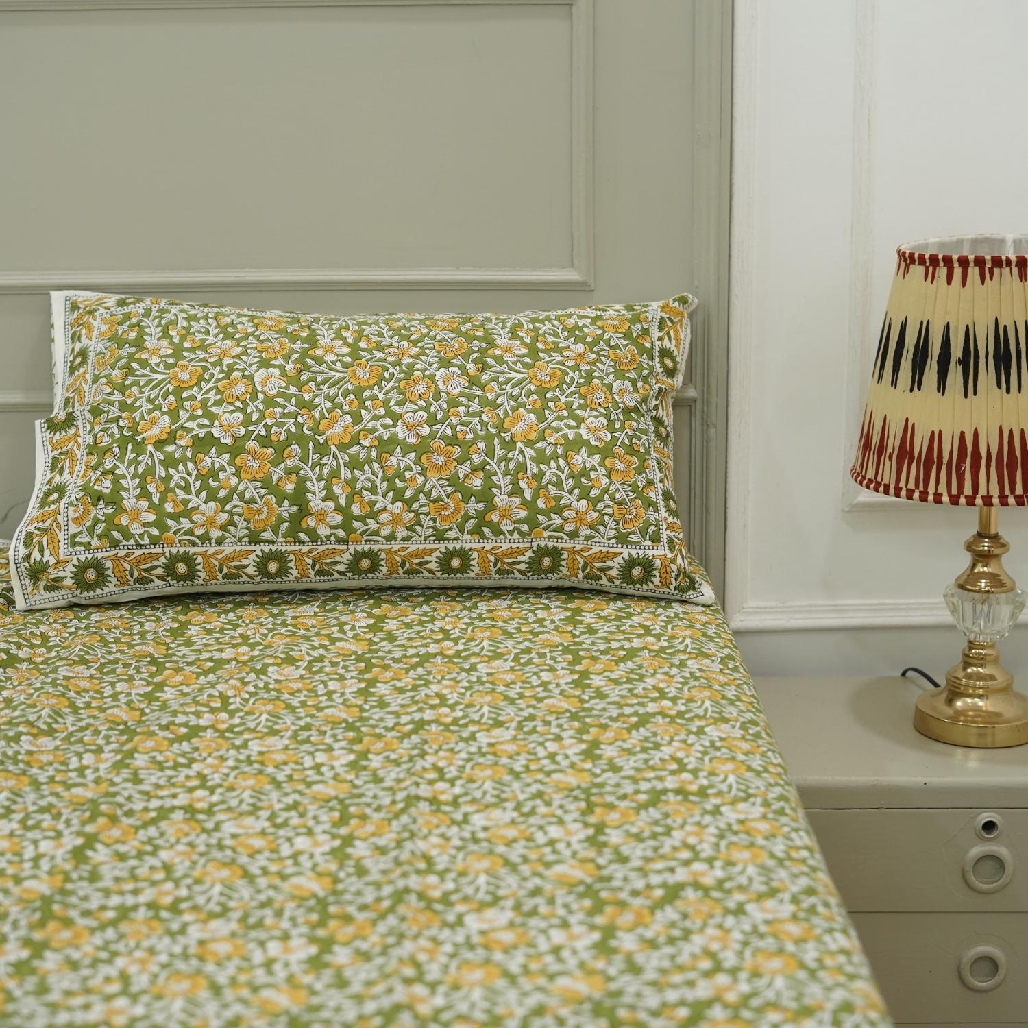 Floral block print 100% cotton bedsheet, natural bedding, decorative cotton bedspreads, colorful printed bedsheet for bedrooms, living room.