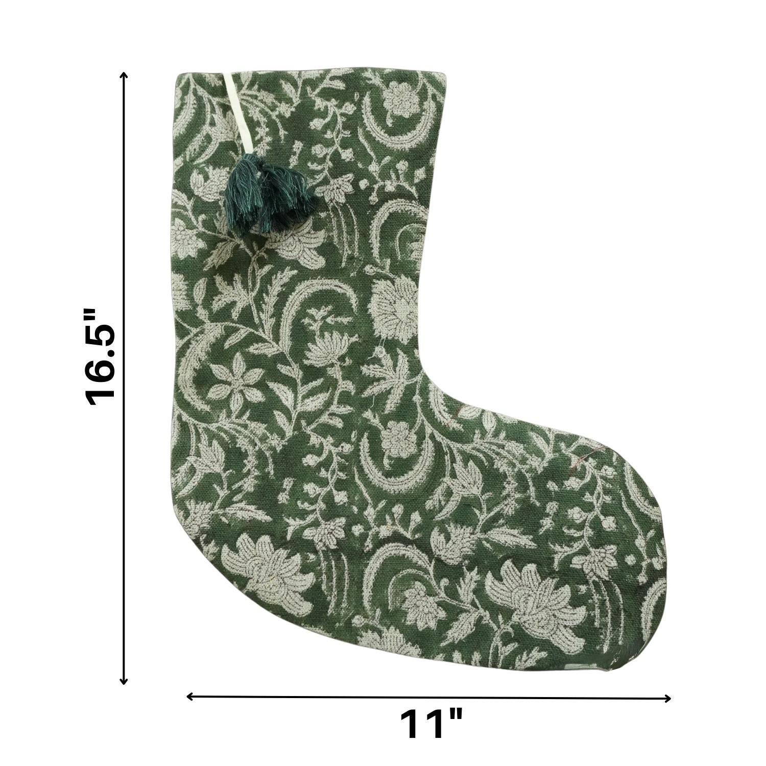 Green floral stocking with dimensions on white background.