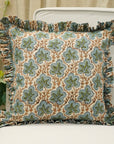 Handmade Artisan Block Printed Pure Linen Blue and Green Floral Decorative Frill Pillow Cover - Pushp Samhita