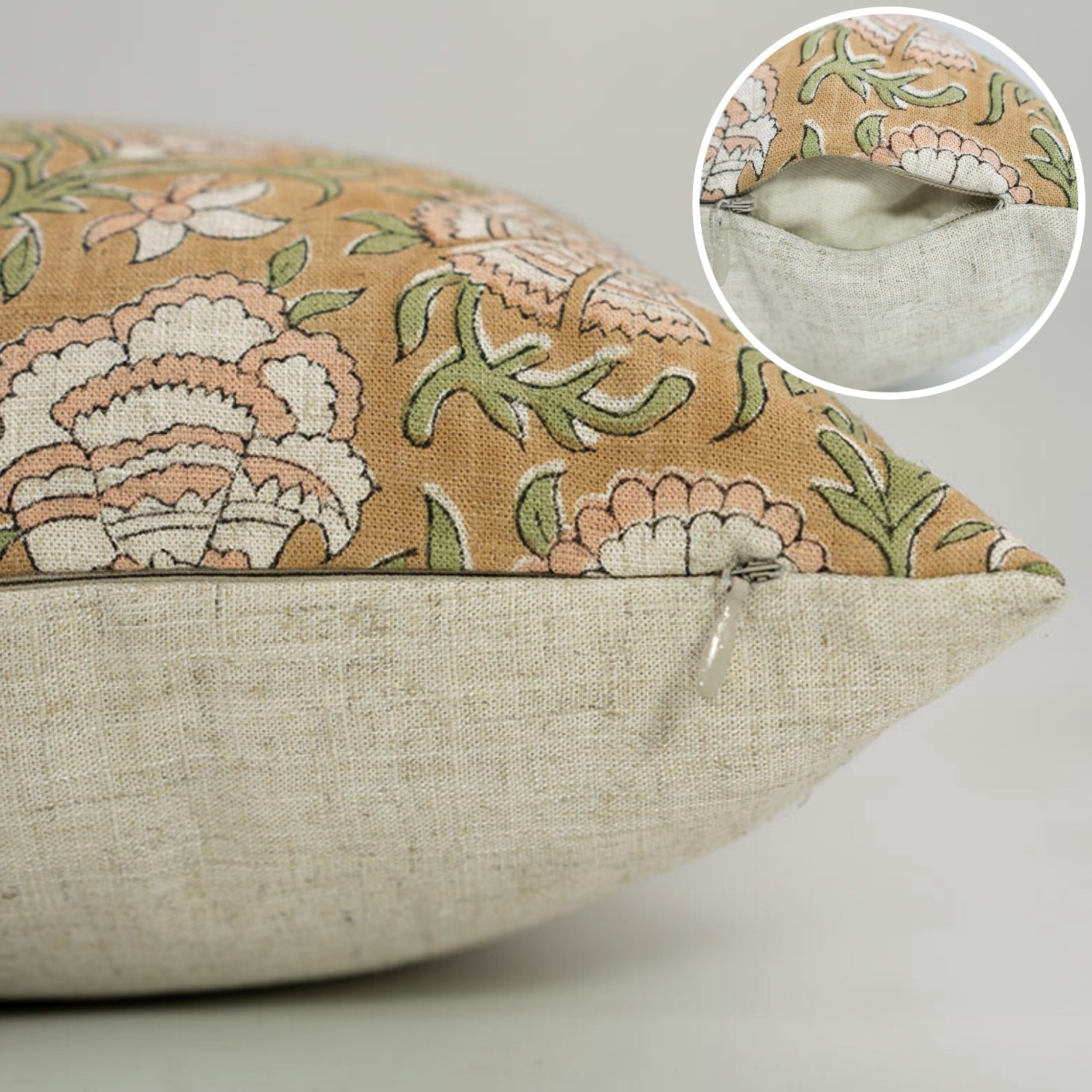 Handmade Brown Floral Boho Cushion Cover in Pure Linen – Sonakashi Print for Farmhouse Decor