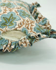 Handmade Artisan Block Printed Pure Linen Blue and Green Floral Decorative Frill Pillow Cover - Pushp Samhita