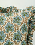 Handmade Artisan Block Printed Pure Linen Blue and Green Floral Decorative Frill Pillow Cover - Pushp Samhita