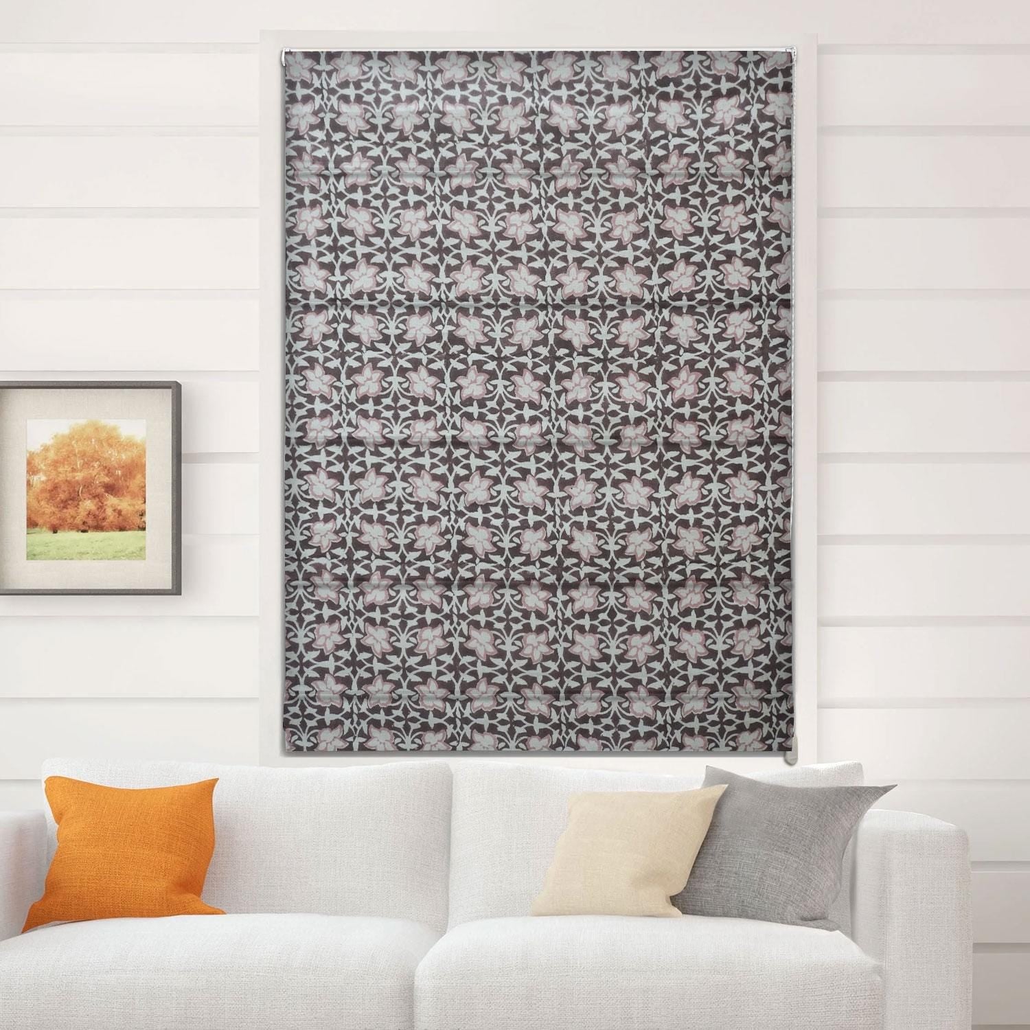 Hand Block Printed Roman Blinds in Pure Linen Brown & Light Pink Floral Throw Shade - Chudamani