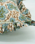 Handmade Artisan Block Printed Pure Linen Blue and Green Floral Decorative Frill Pillow Cover - Pushp Samhita