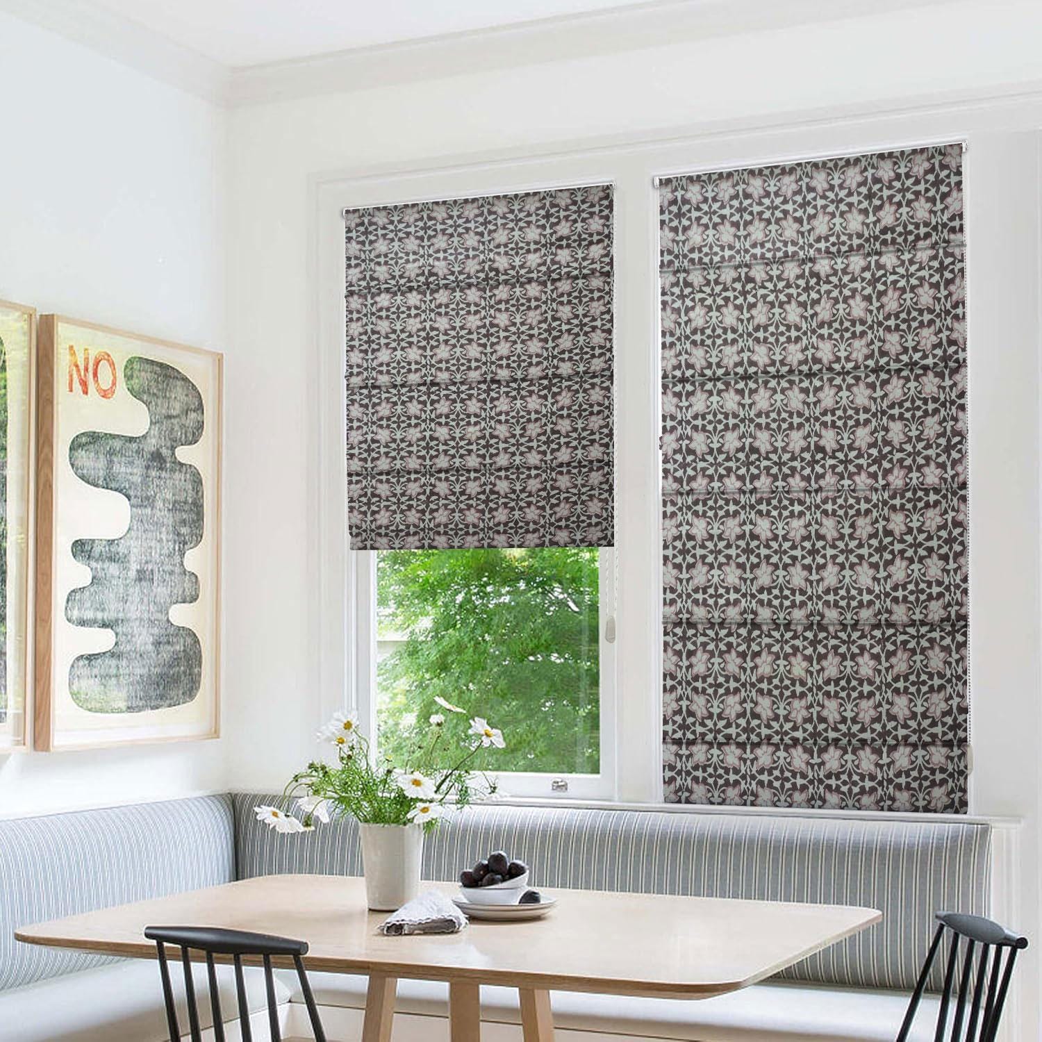 Hand Block Printed Roman Blinds in Pure Linen Brown & Light Pink Floral Throw Shade - Chudamani