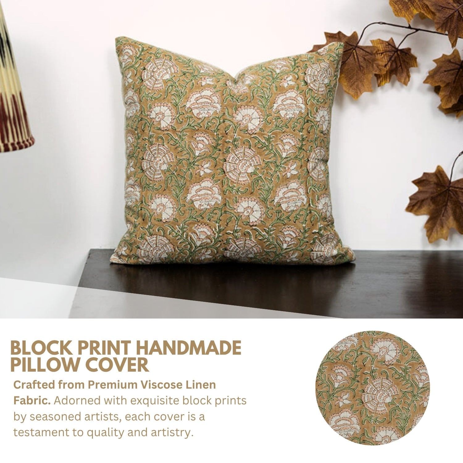 Handmade Brown Floral Boho Cushion Cover in Pure Linen – Sonakashi Print for Farmhouse Decor