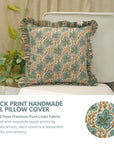 Handmade Artisan Block Printed Pure Linen Blue and Green Floral Decorative Frill Pillow Cover - Pushp Samhita