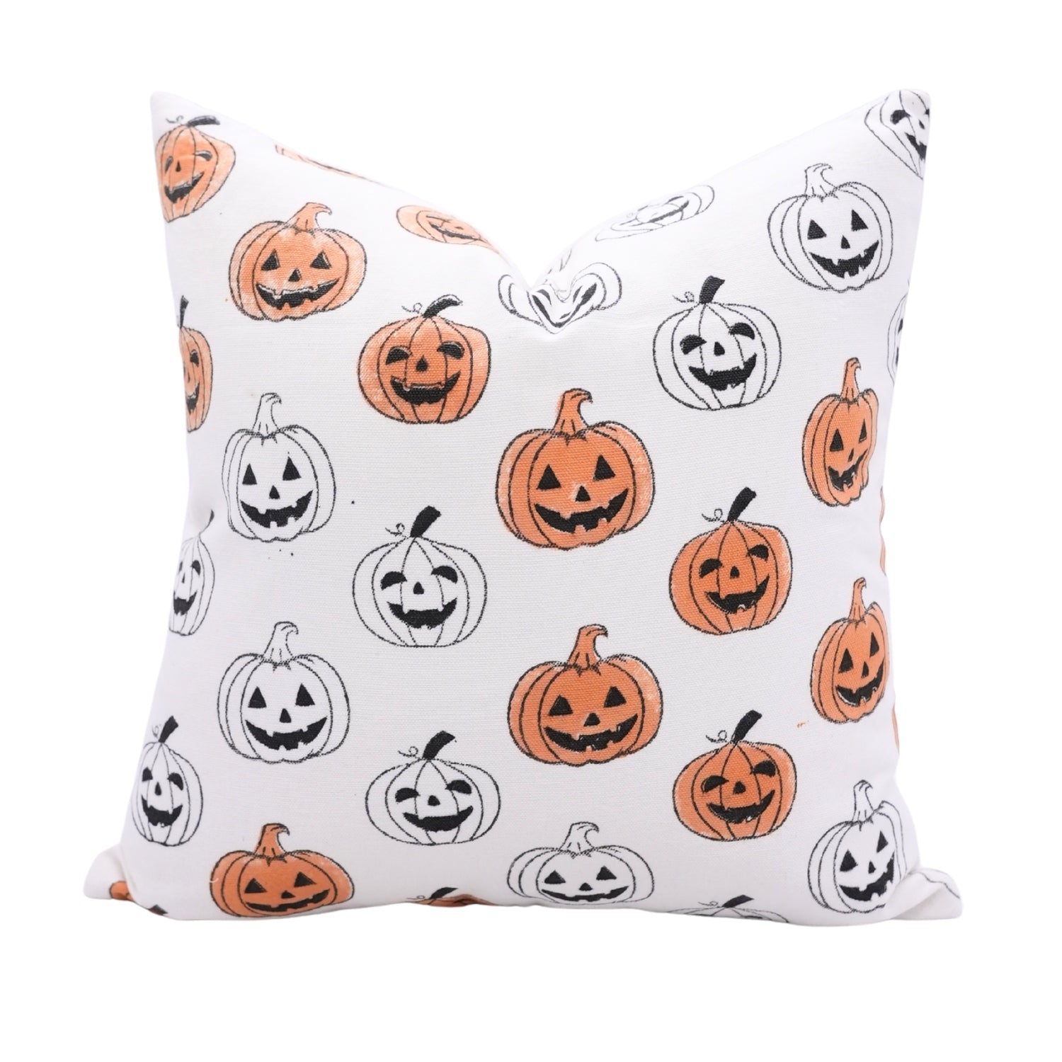 Pillow with Halloween-themed pumpkin pattern on a white background