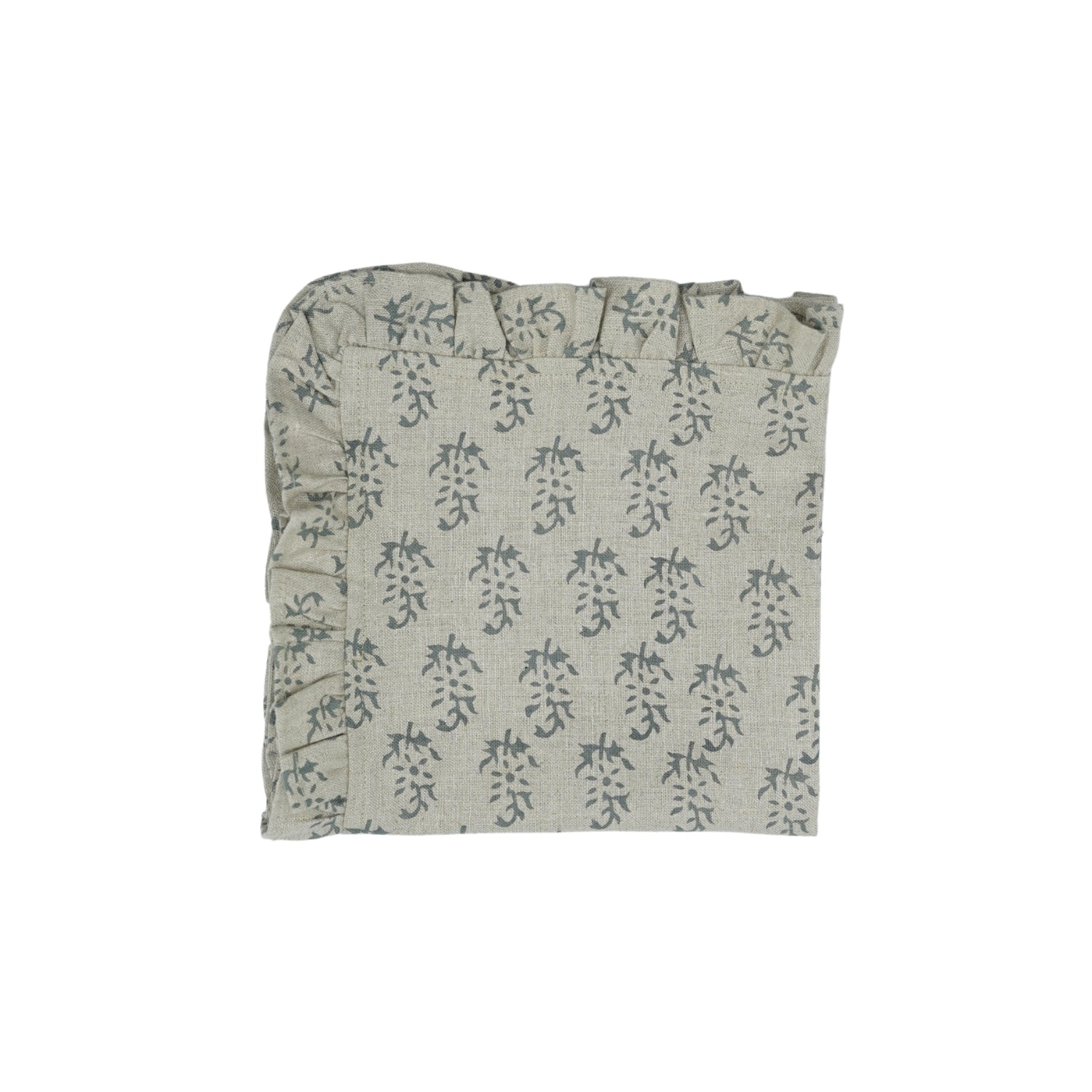 Premium Block Printed Frill Ruffled Table Napkins Pure Linen With Pathjhad Gray
