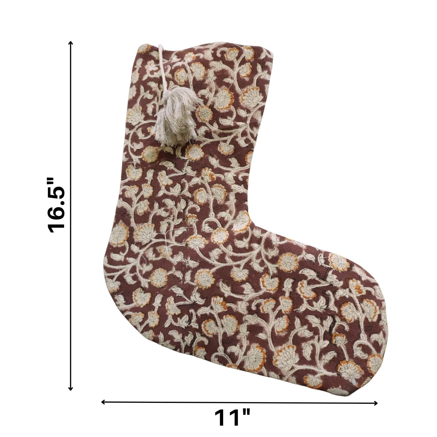 Handcrafted Block Printed Cotton Christmas Stocking in Brown Pom Pom Floral Farmhouse Holiday Decor – HIMACHAL