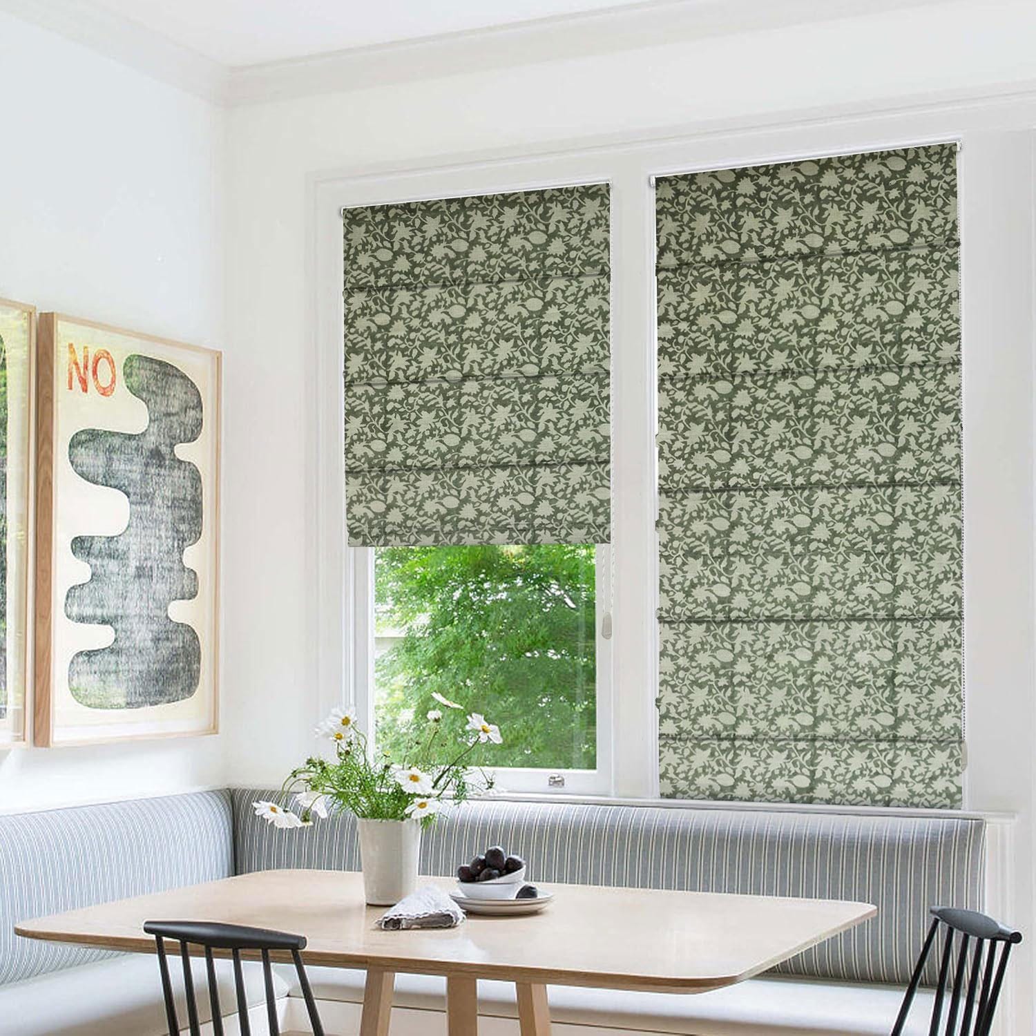 Block Printed Gray Floral Roman Shade in Thick Linen Window Covering for Bedroom Decor – Manikarnika