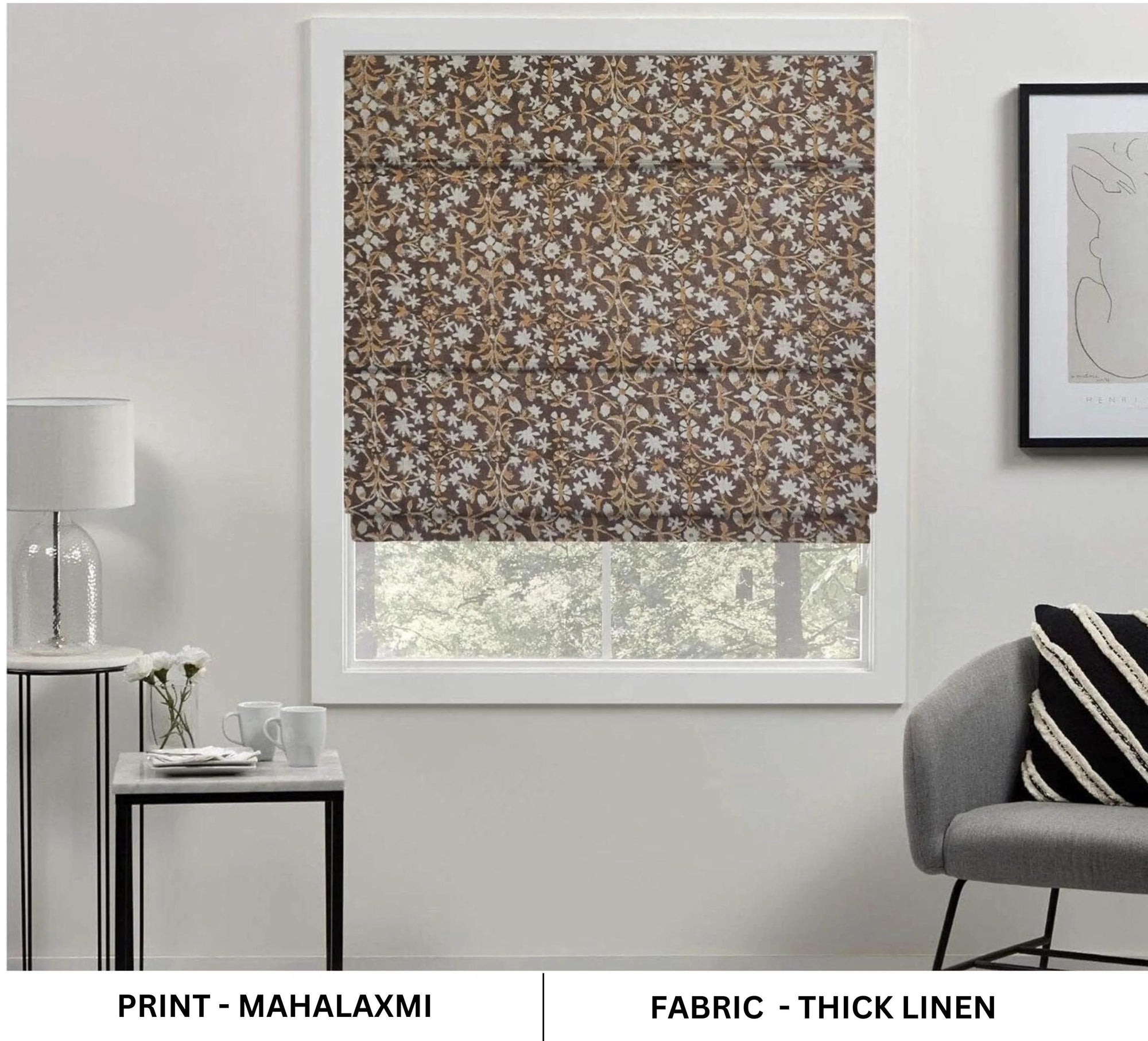 Hand Block Printed Boho Roman Shade Maroon & Mustard Floral Window Blind in Heavy Linen – Mahalaxmi