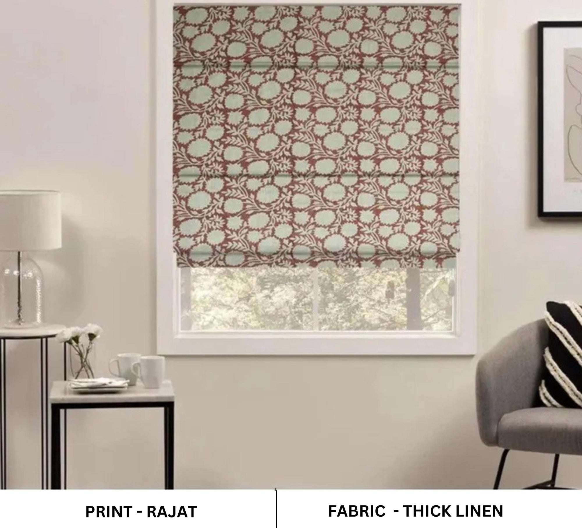 Block Printed Boho Roman Shade in Thick Linen Brown & Gray Floral Bedroom Curtain - Rajat
