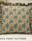 Handmade Artisan Block Printed Pure Linen Blue and Green Floral Decorative Frill Pillow Cover - Pushp Samhita