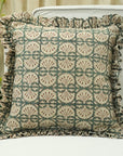 Block Printed Floral House Decor Thick Linen Frill Pillow Cover - Bijhni