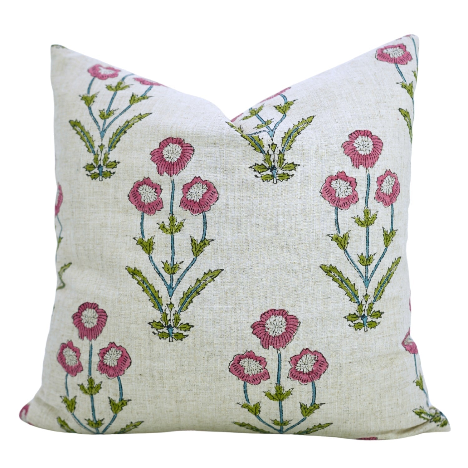 Handmade Pink and Green Floral Boho Throw Pillow Protector in Viscose Linen – Amitabh Design