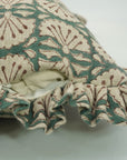 Block Printed Floral House Decor Thick Linen Frill Pillow Cover - Bijhni