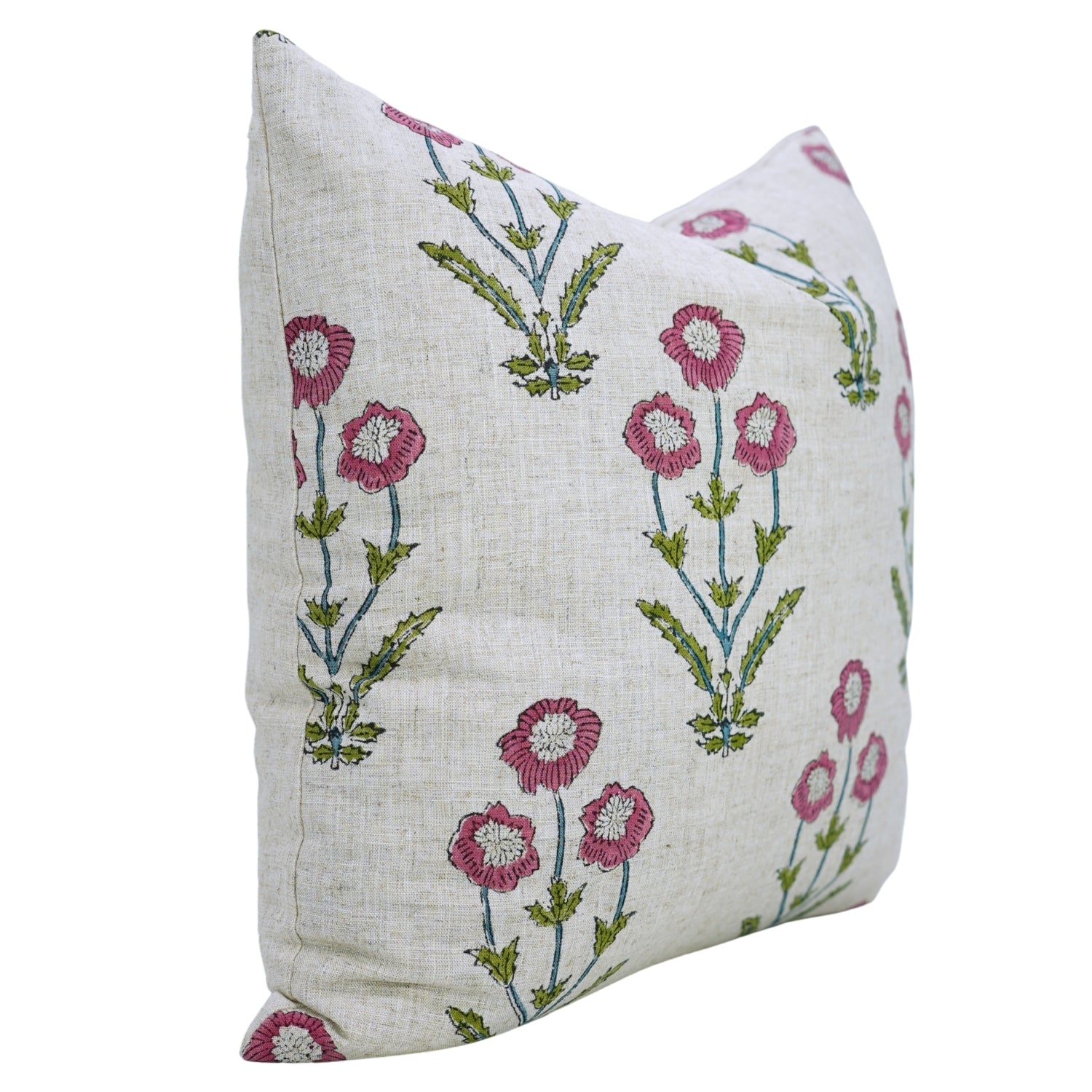 Handmade Pink and Green Floral Boho Throw Pillow Protector in Viscose Linen – Amitabh Design