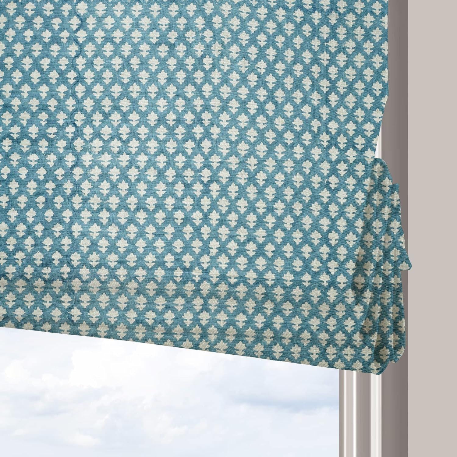 Handblock Printed Bluish Floral Pure Linen Window Covering Boho Bloom Roman Shade For Home Decor - PINKCITY