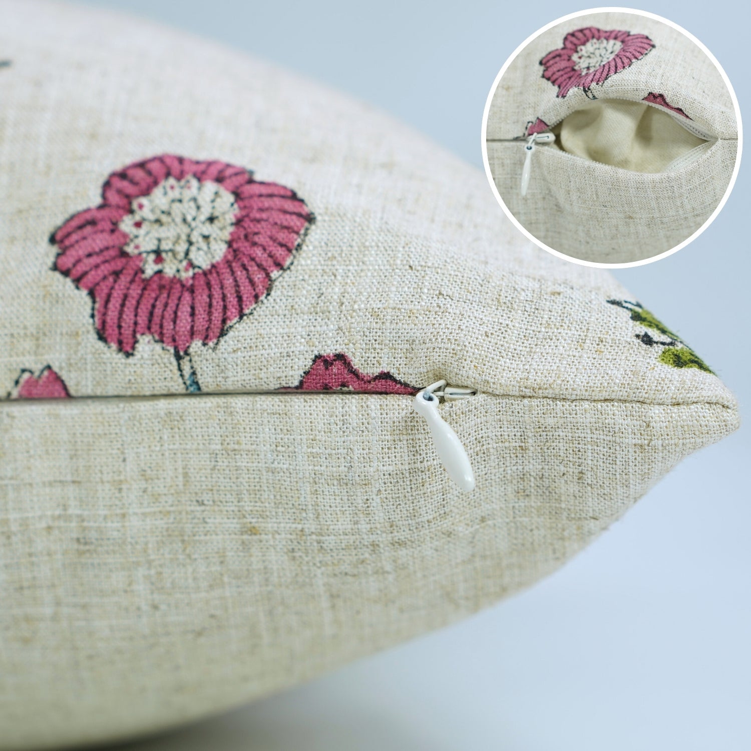 Handmade Pink and Green Floral Boho Throw Pillow Protector in Viscose Linen – Amitabh Design