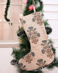 Indian Block Printed Brown & Gray Floral Swadesh Christmas Stockings on Thick Linen Handmade Boho Style with Pompom for Festive Decor