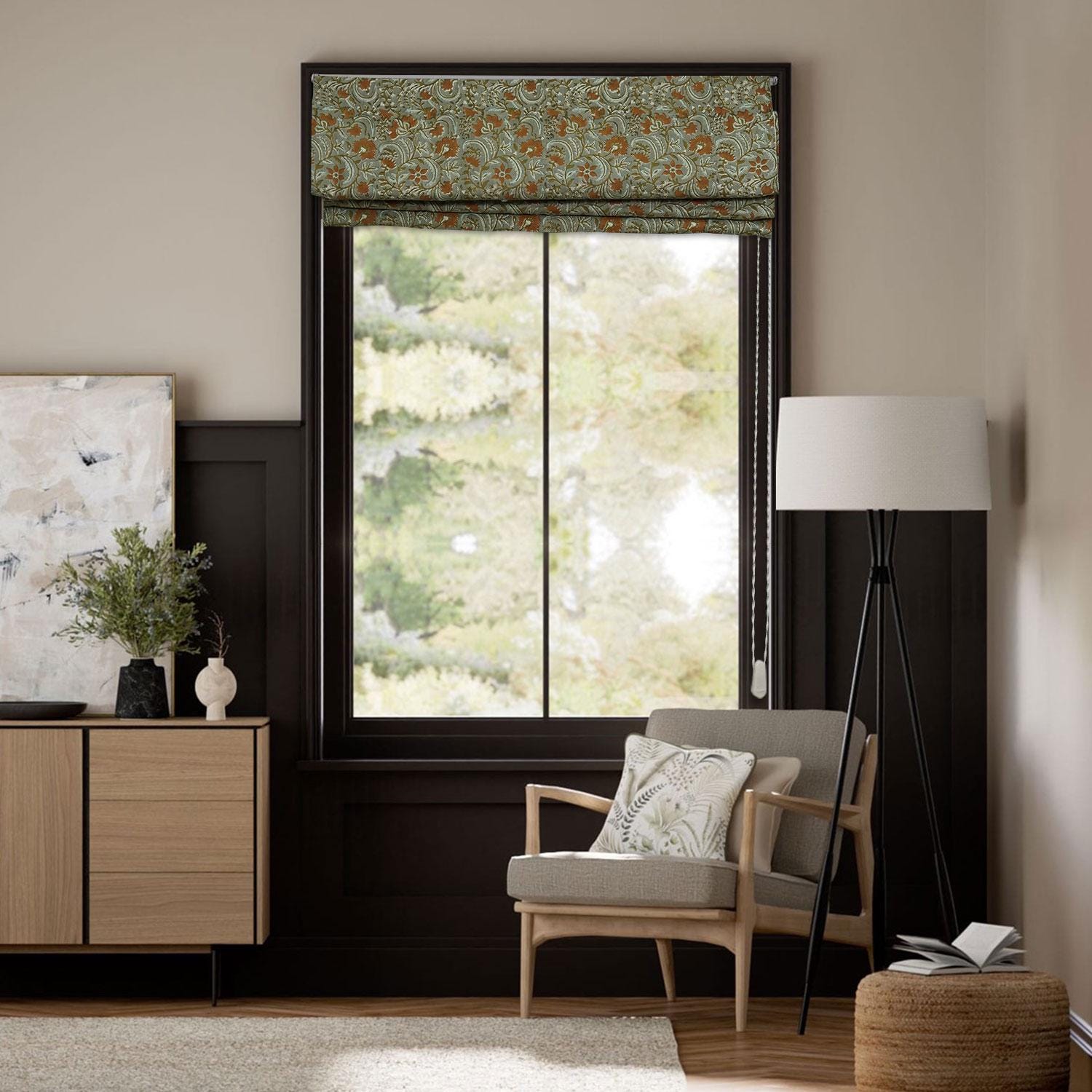 Handblock Printed Floral Roman Shade in Brown & Green on Pure Linen For Kitchen – KUNDANVAN