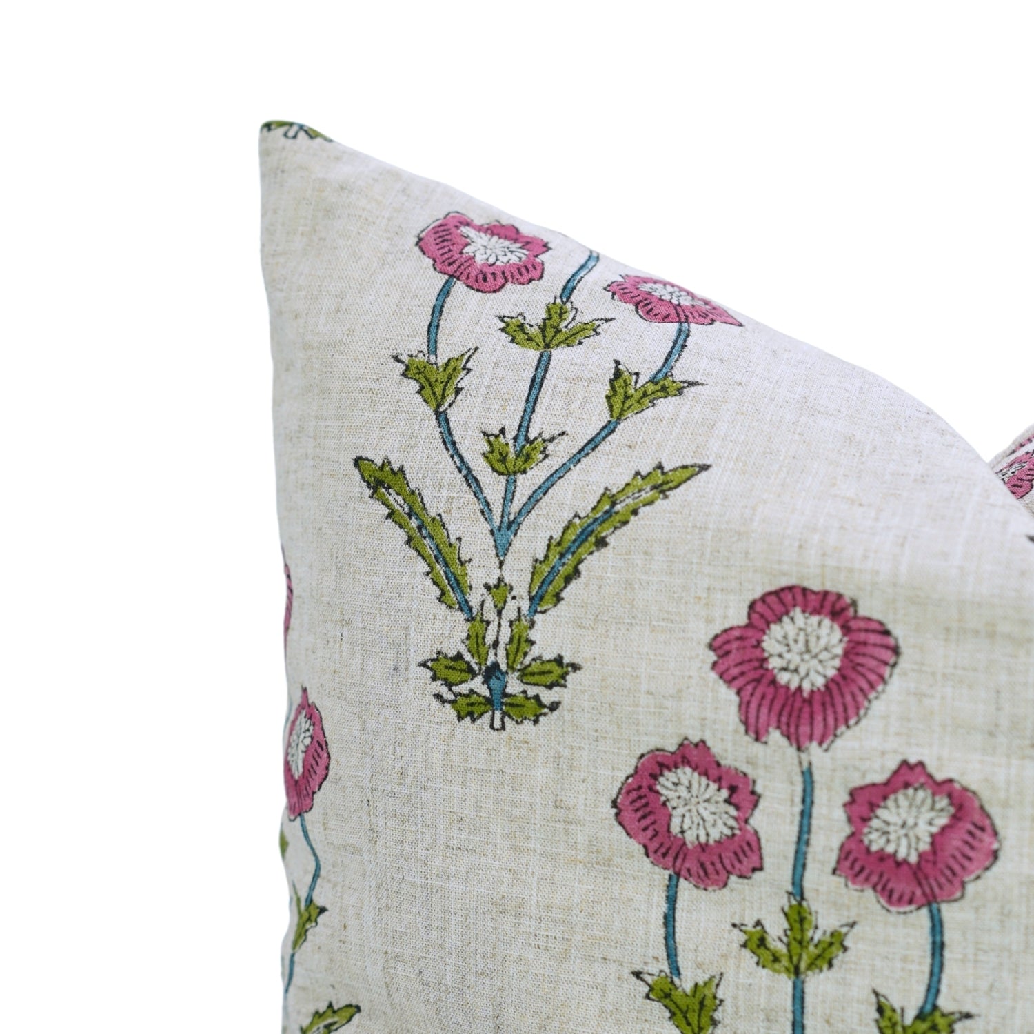 Handmade Pink and Green Floral Boho Throw Pillow Protector in Viscose Linen – Amitabh Design