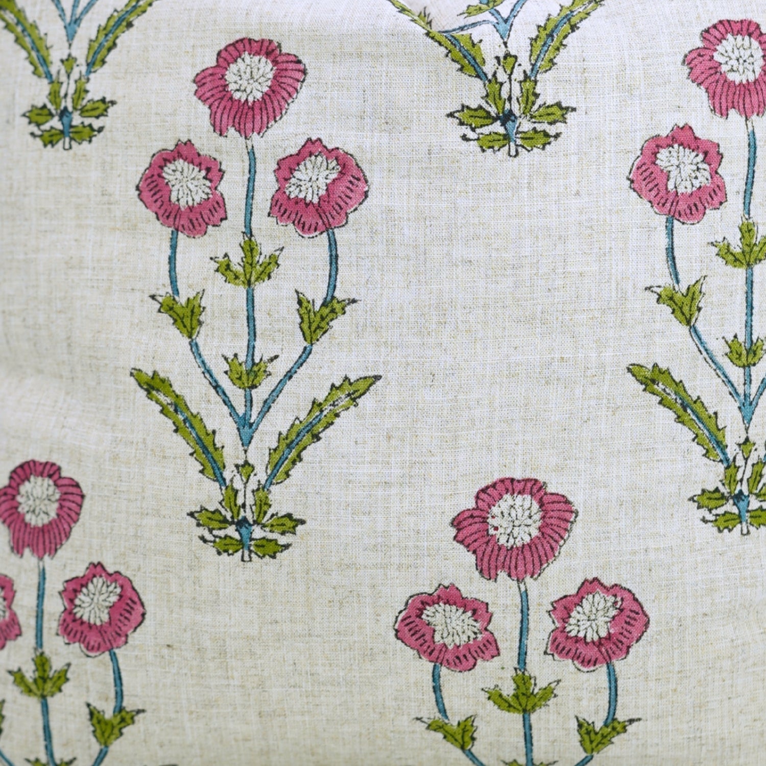 Handmade Pink and Green Floral Boho Throw Pillow Protector in Viscose Linen – Amitabh Design