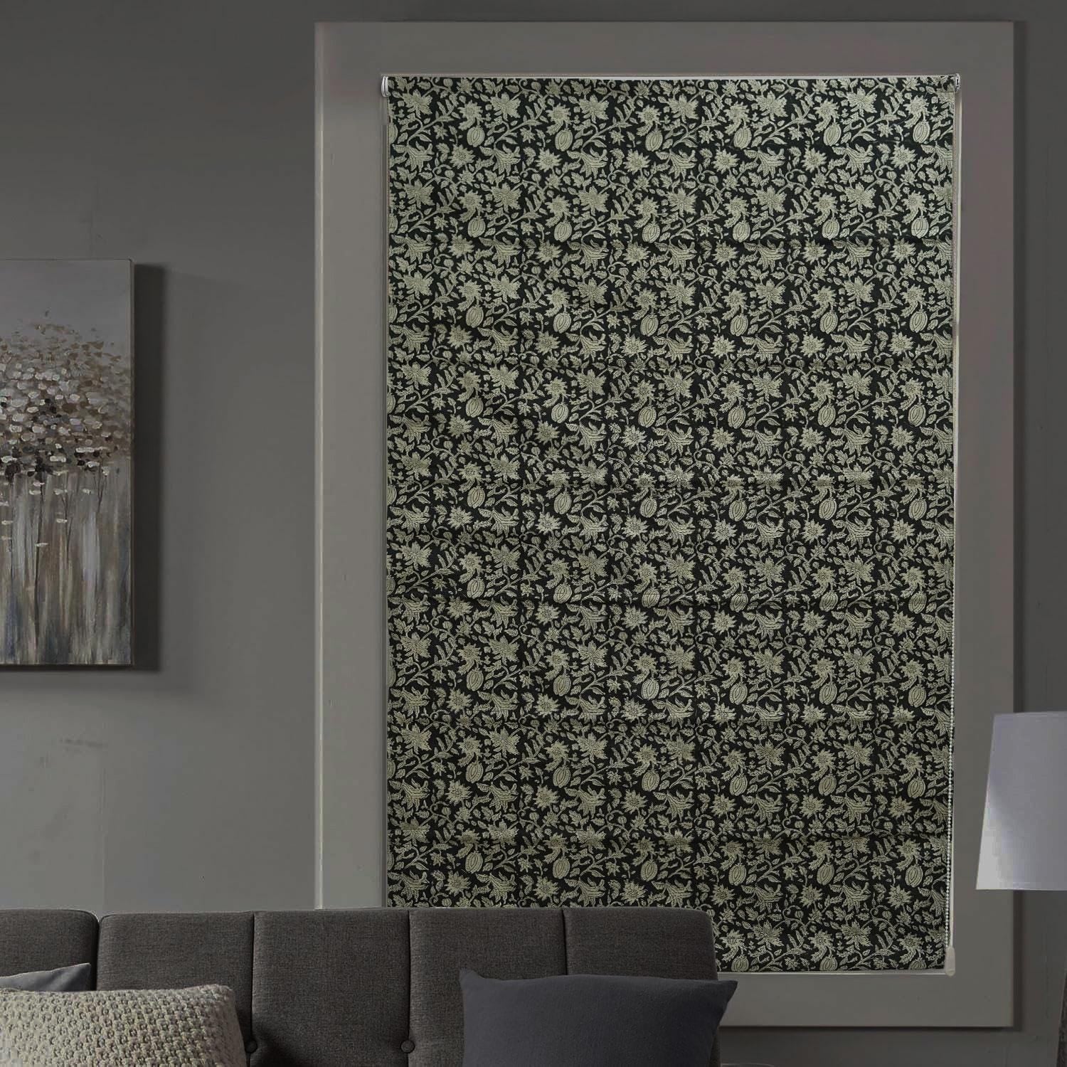 Farmhouse Blackout Roman Shade Linen Block Printed Window Blind - MANIKARNIKA