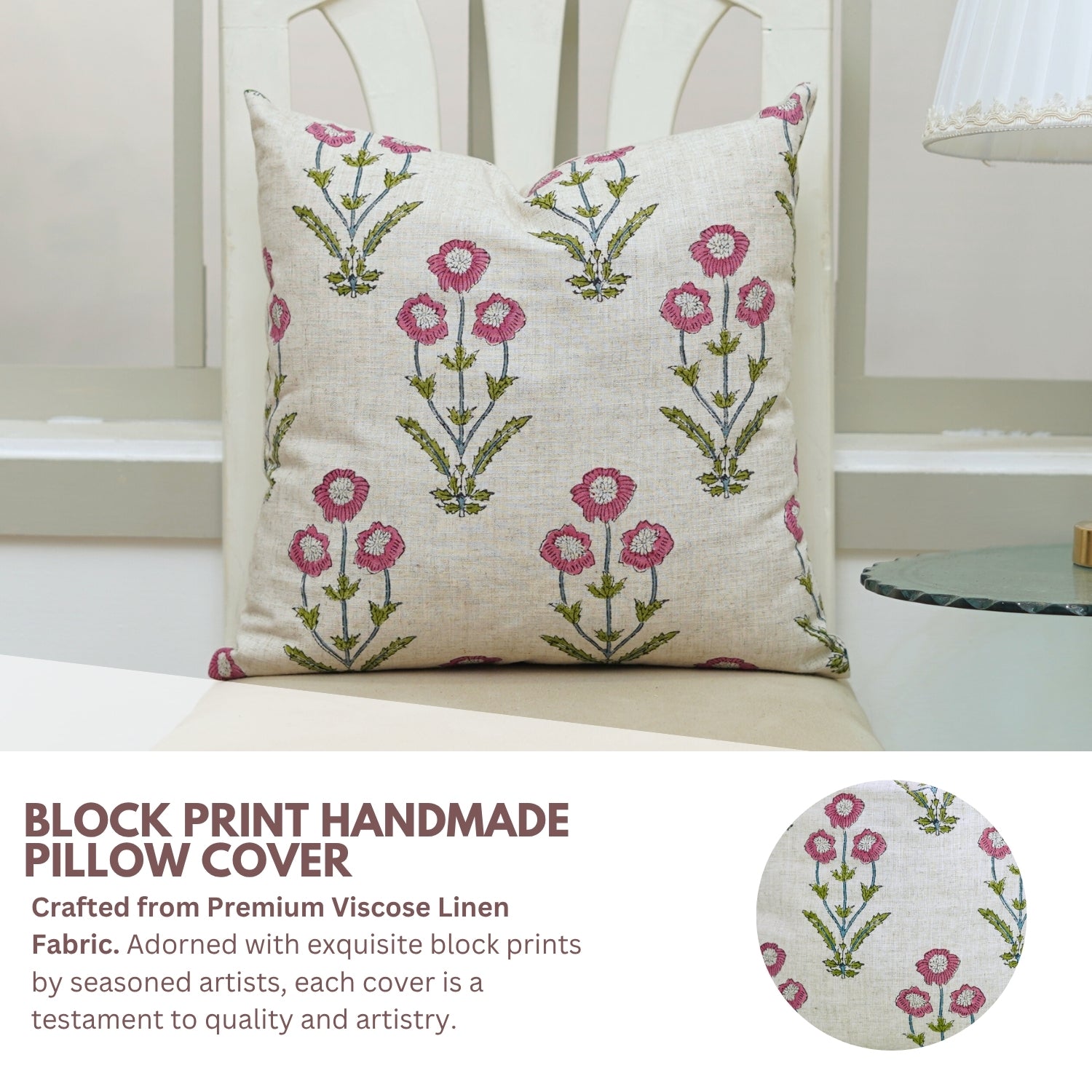 Handmade Pink and Green Floral Boho Throw Pillow Protector in Viscose Linen – Amitabh Design