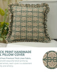 Block Printed Floral House Decor Thick Linen Frill Pillow Cover - Bijhni
