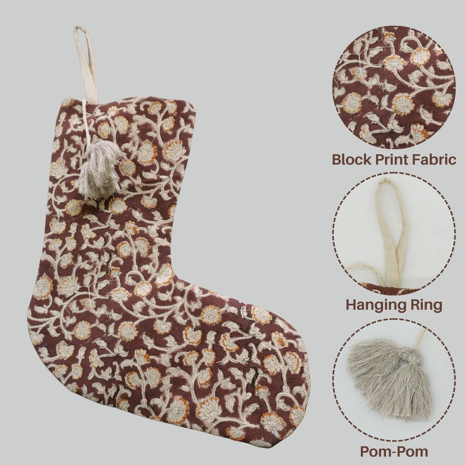 Handcrafted Block Printed Cotton Christmas Stocking in Brown Pom Pom Floral Farmhouse Holiday Decor – HIMACHAL