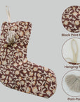 Handcrafted Block Printed Cotton Christmas Stocking in Brown Pom Pom Floral Farmhouse Holiday Decor – HIMACHAL