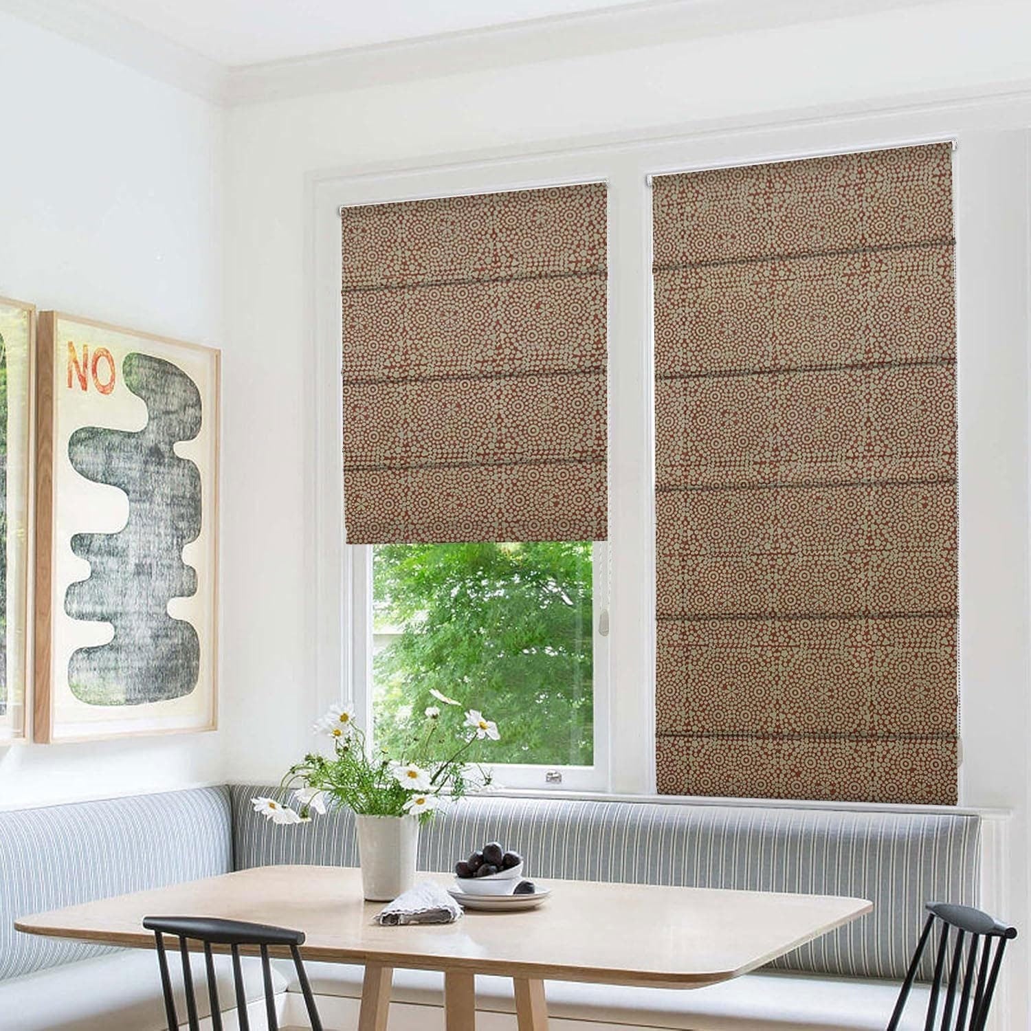 Hand Stamped Boho Red Floral Roman Shade in Thick Linen For Living Room Window Blind - Chunri Buti