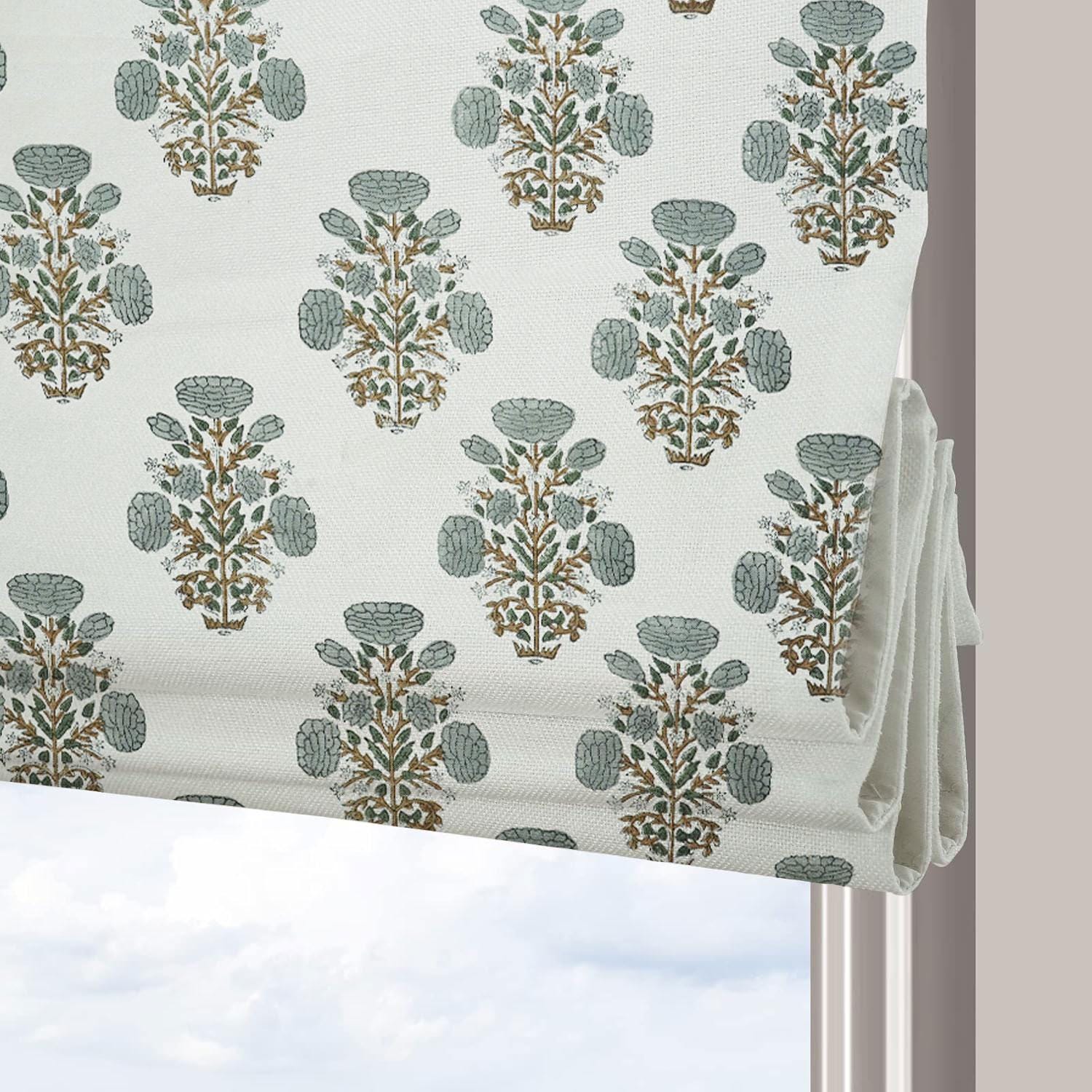 Pure Linen Gray Floral Hand Block Printed Roman Shade Custom Blackout Window - Swadesh