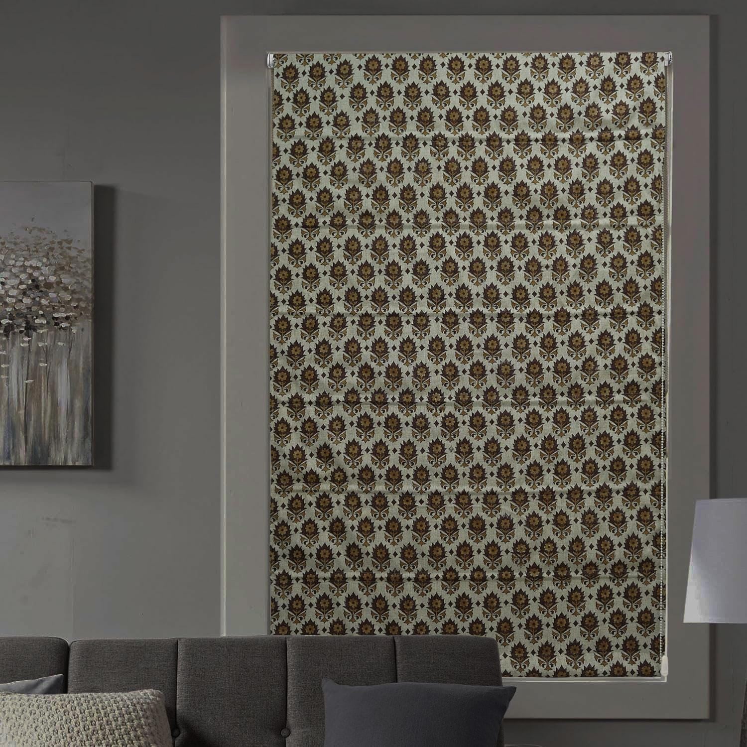 Handmade Brown Floral Custom Roman Shade in Viscose Linen For Farmhouse Window Treatment – Kusum
