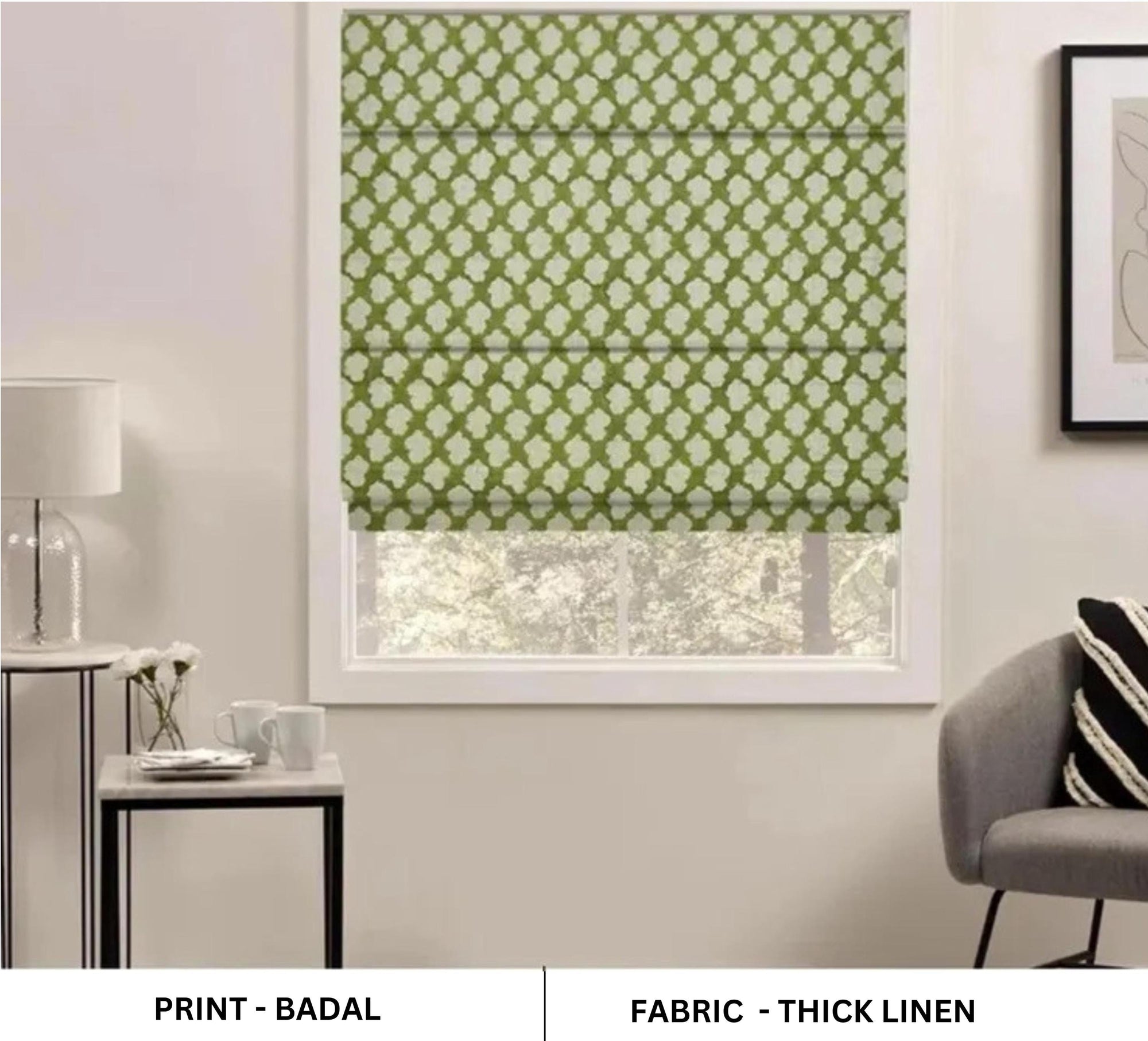 Handmade Block Printed Boho Roman Shade in Thick Linen For Farmhouse Window Decor - Badal
