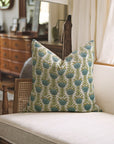 Artisanal Floral Viscous Linen Block Printed Throw Pillow Case Heritage Style With Lotus Blue