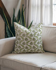 Green Floral Block Printed Pillow Cover For Sofa/Couch Thick Cotton White - Madhubala