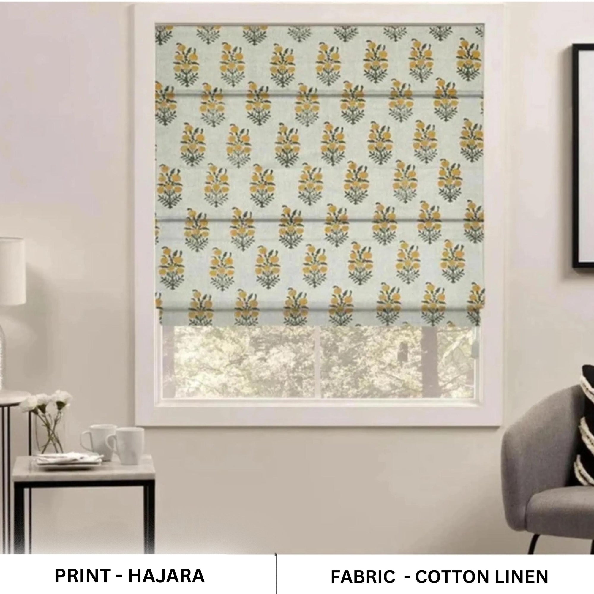 Handmade Art Block Printed Boho Mustard & Gray Floral Cotton Linen Throw Roman Shade – Hajara