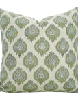Block Printed Green & Gray Style Throw Pillow Handmade in Linen Blend for Sofa Decor - Uday
