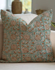 Indian Artisan Handblock Printed Brown and Blue Floral Design Indoor Pillow Cover - 6 Kamal