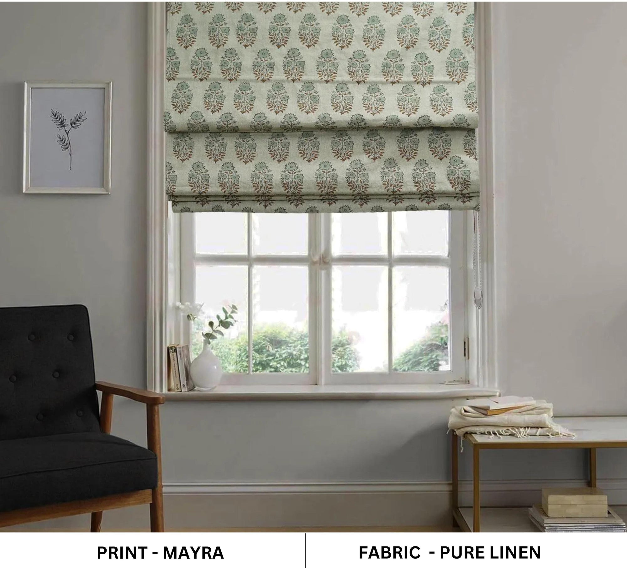 Pure Linen Block Printed Roman Shade Handmade Blind Floral Window Valance - MAYRA